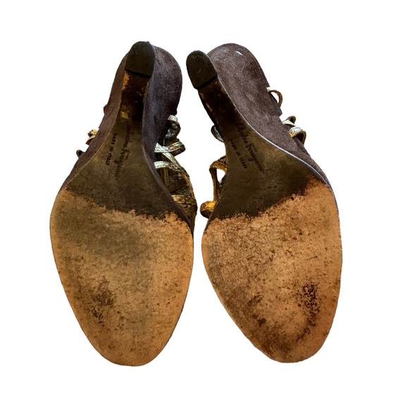 Salvatore Ferragamo Gold & Brown Suede Wedge Sandals - Picture 4 of 10